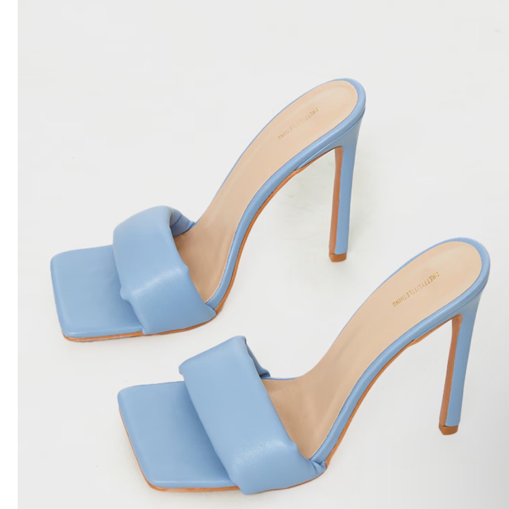 Prettylittlething Blue Square Toe Padded Strap Heeled Mules